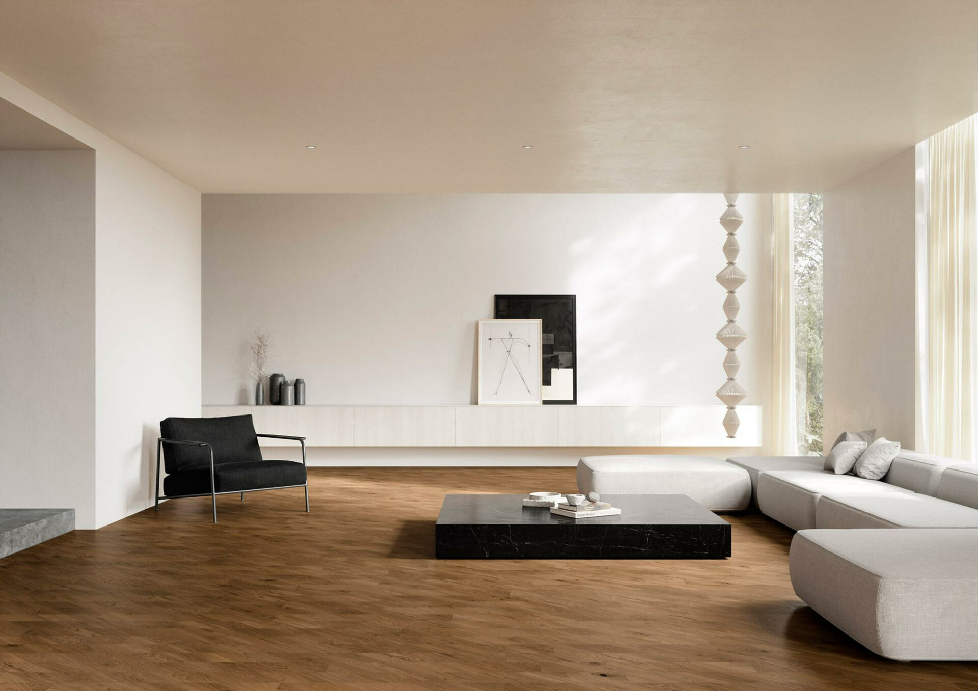 Kaasaegne minimalistlik elutuba heledate seintega.